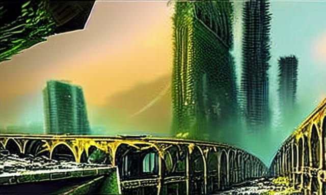 ancient ruins of a modern city, destroyed highway bridge ove...
