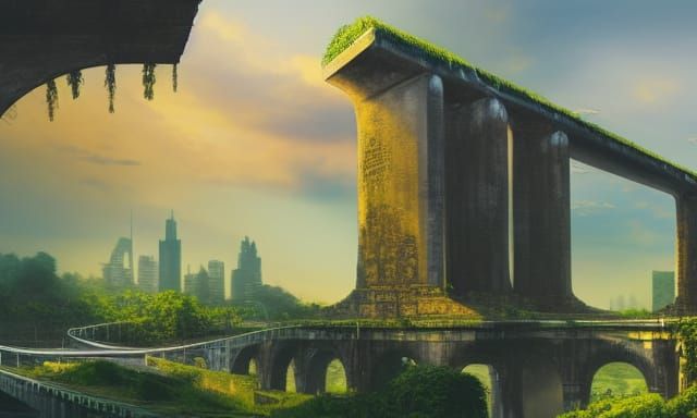 ancient ruins of a modern city, destroyed highway bridge ove...