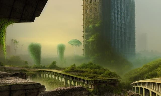 ancient ruins of a modern city, destroyed highway bridge ove...