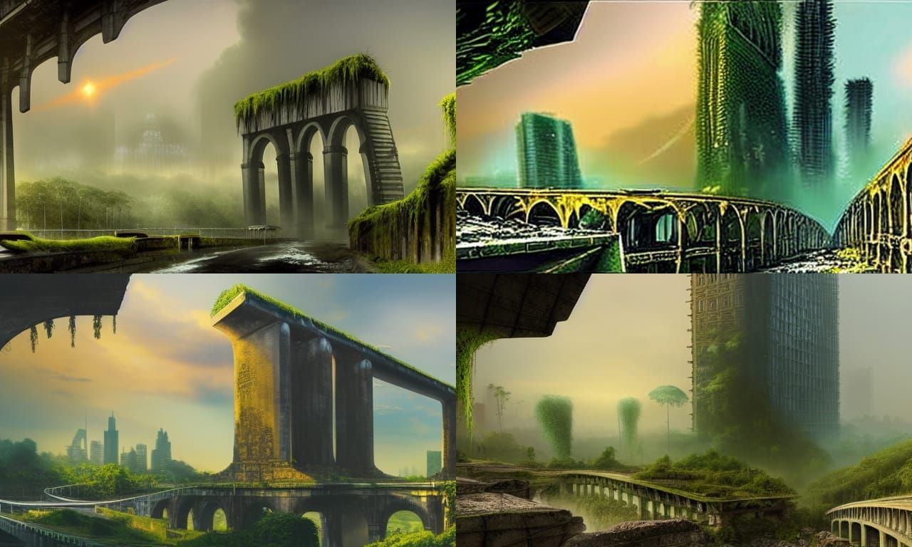 ancient ruins of a modern city, destroyed highway bridge ove...