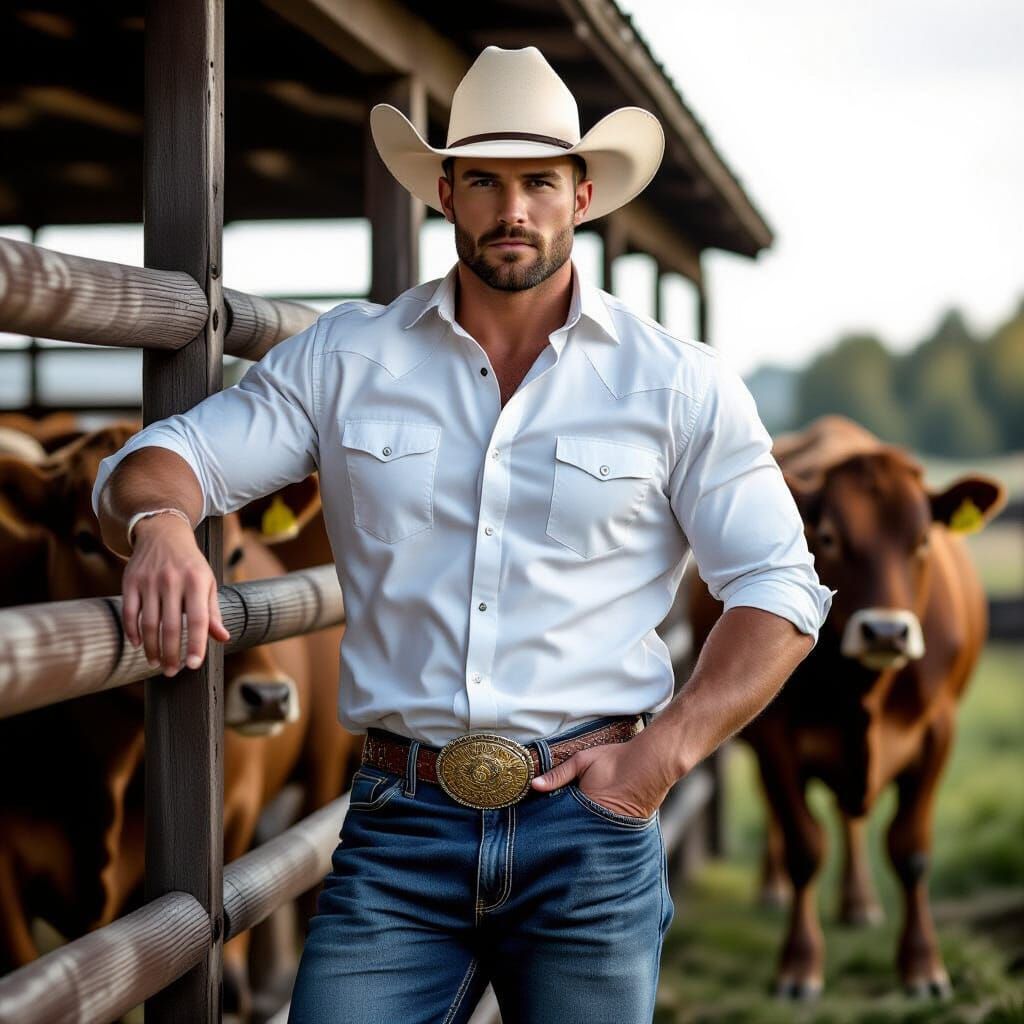 Muscular Cowboy with Belly Poses with Cattle