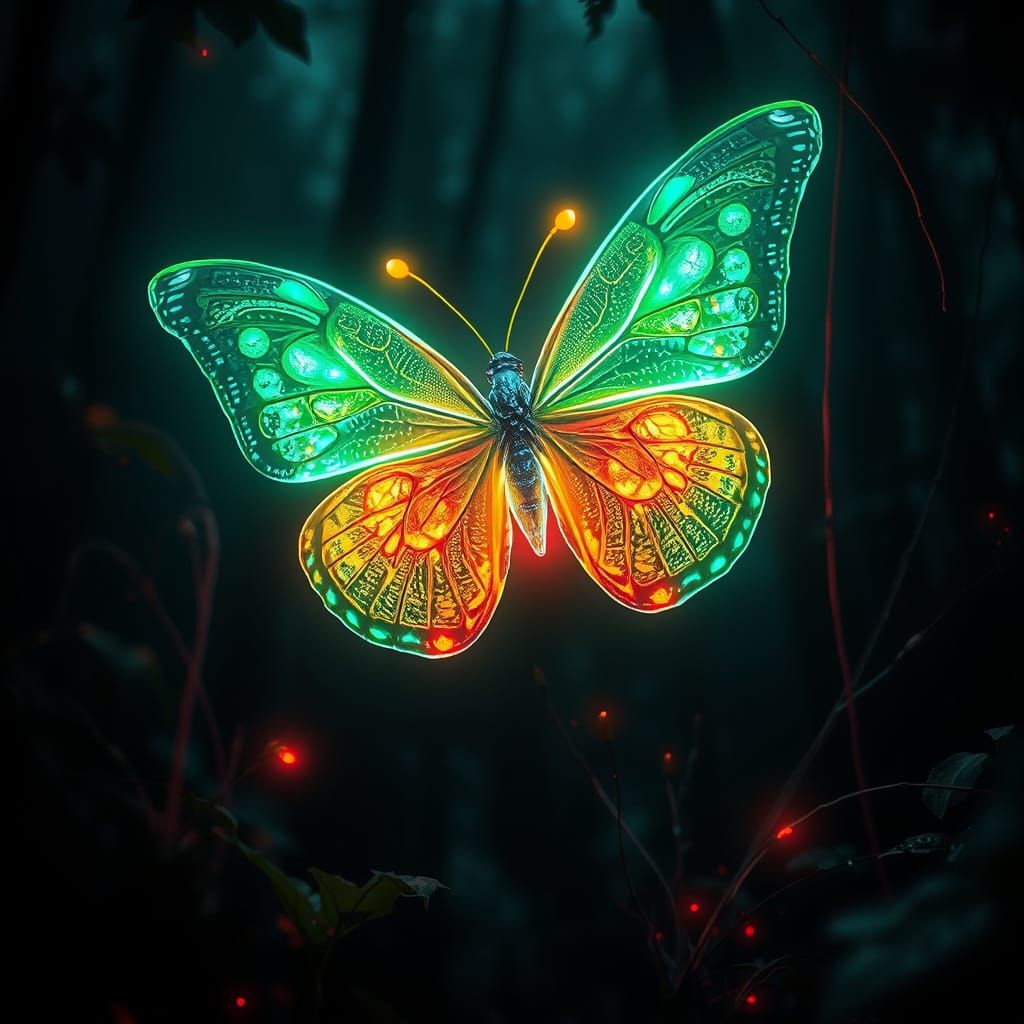 Title: "Forest Light Pulse"

Description:

A butterfly, as if made of light and energy, hovers in the ...  by @Zhopen