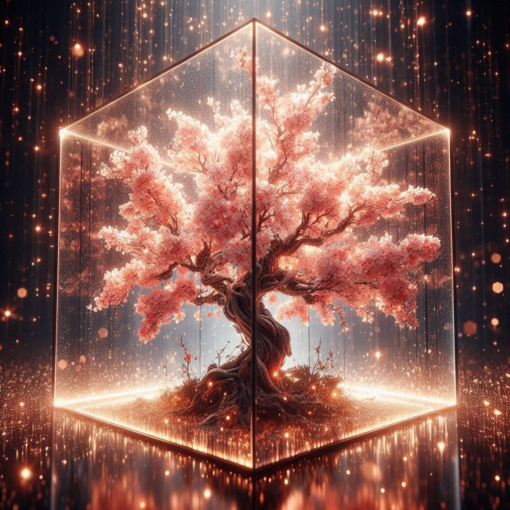 Bonsai Sakura in a glass cube