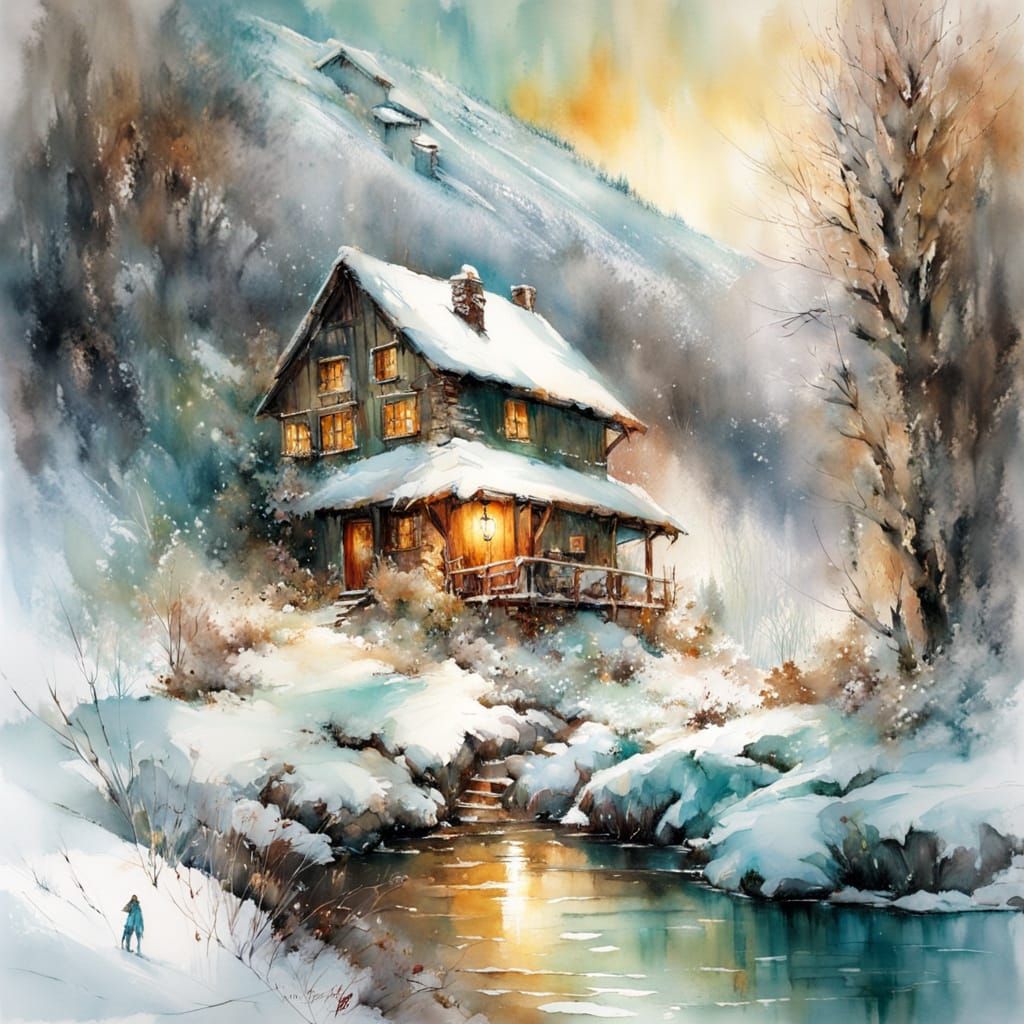 A cozy winter scene with snow on the trees and a cabin tucked away in the mountains.