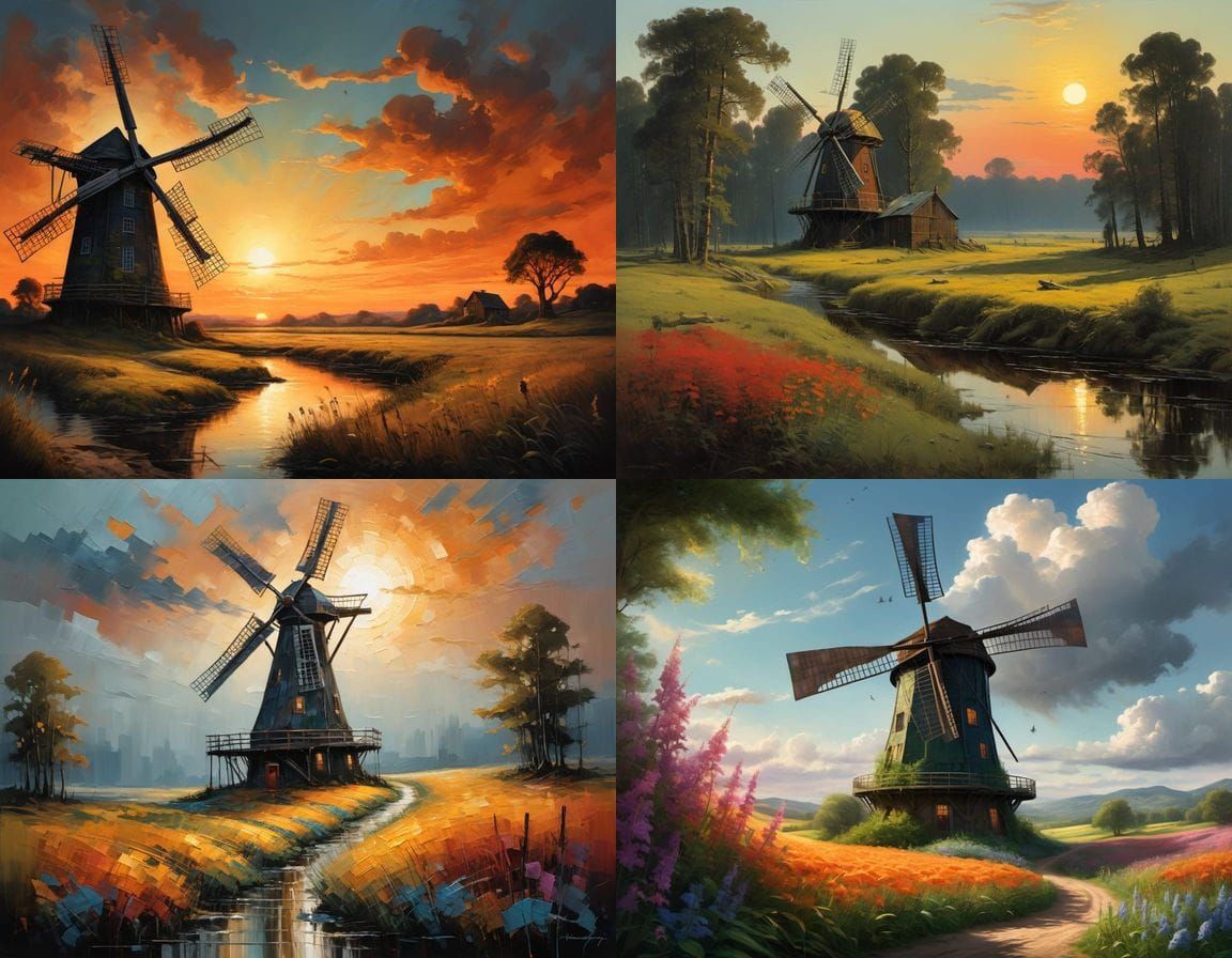 Masterpiece Acrylic painting, rustic,cracked Giant windmill in motion captured in a meadow with a summer sunset, a farme...