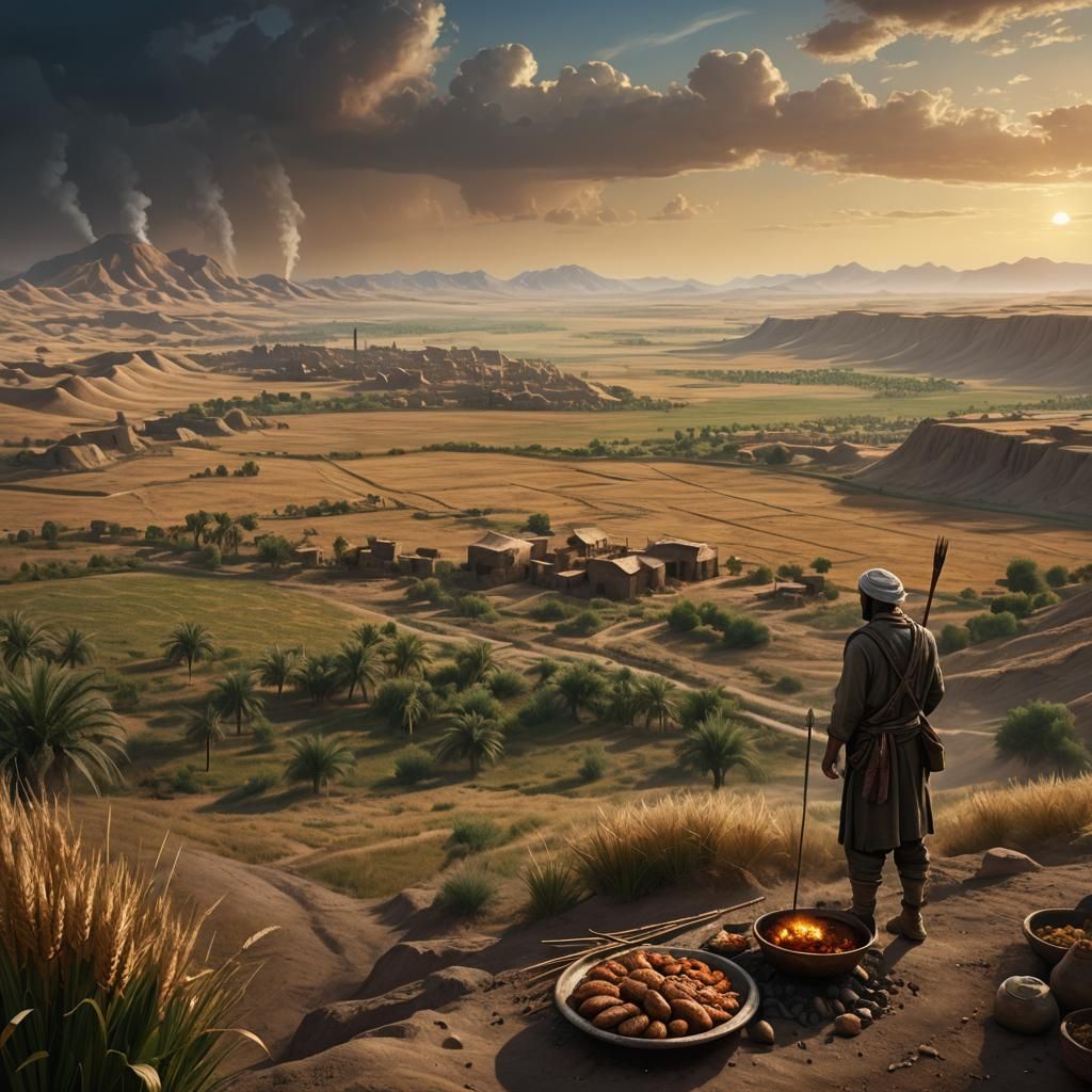 A prehistoric scene of a Fertile Crescent early wheat farmer looking out towards the landscape of Mesopotamia.  Nearby, a dinner of skewered...