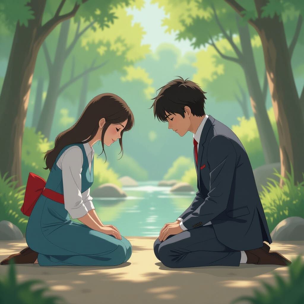 Two People Bowing Respectfully in Nature