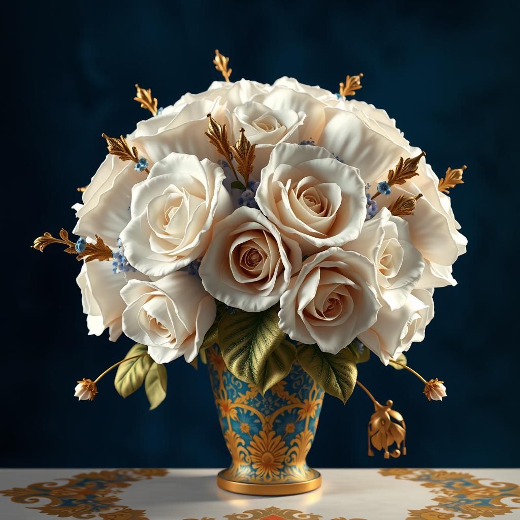 Large bouquet of roses, made out of white porcelain with blue details of baroque patterns 