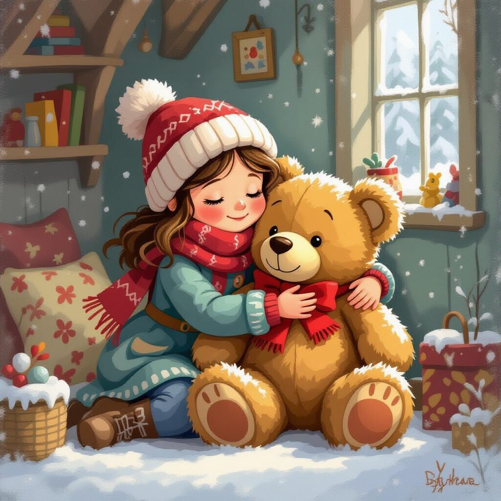 Girl Cuddles Giant Teddy Bear in Whimsical Winter Scene