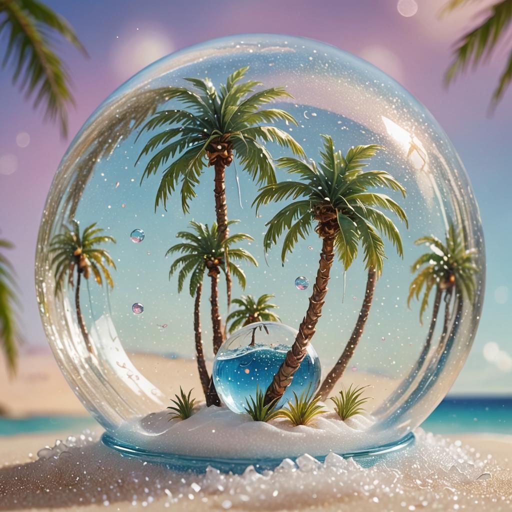 Whimsical digital painting. Close-up. A palm tree inside a snow globe surround by water, tropical island ...  by @Carol