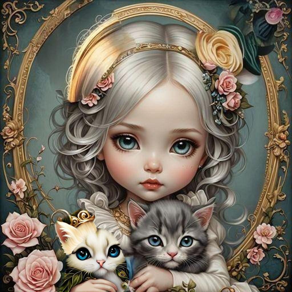 Little Doll-Princess with Cute Baby-Kittens