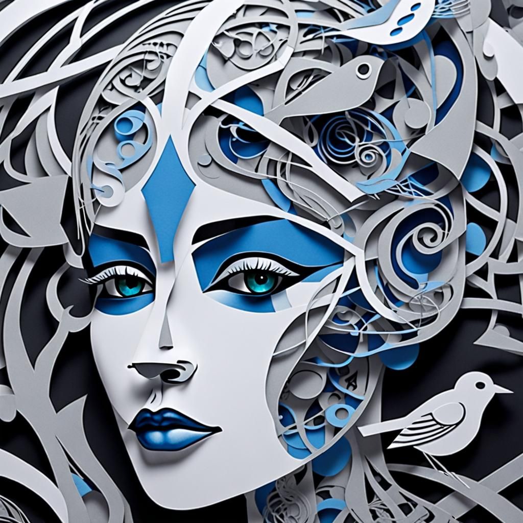 A surreal and geometric artwork featuring an elegant woman's...