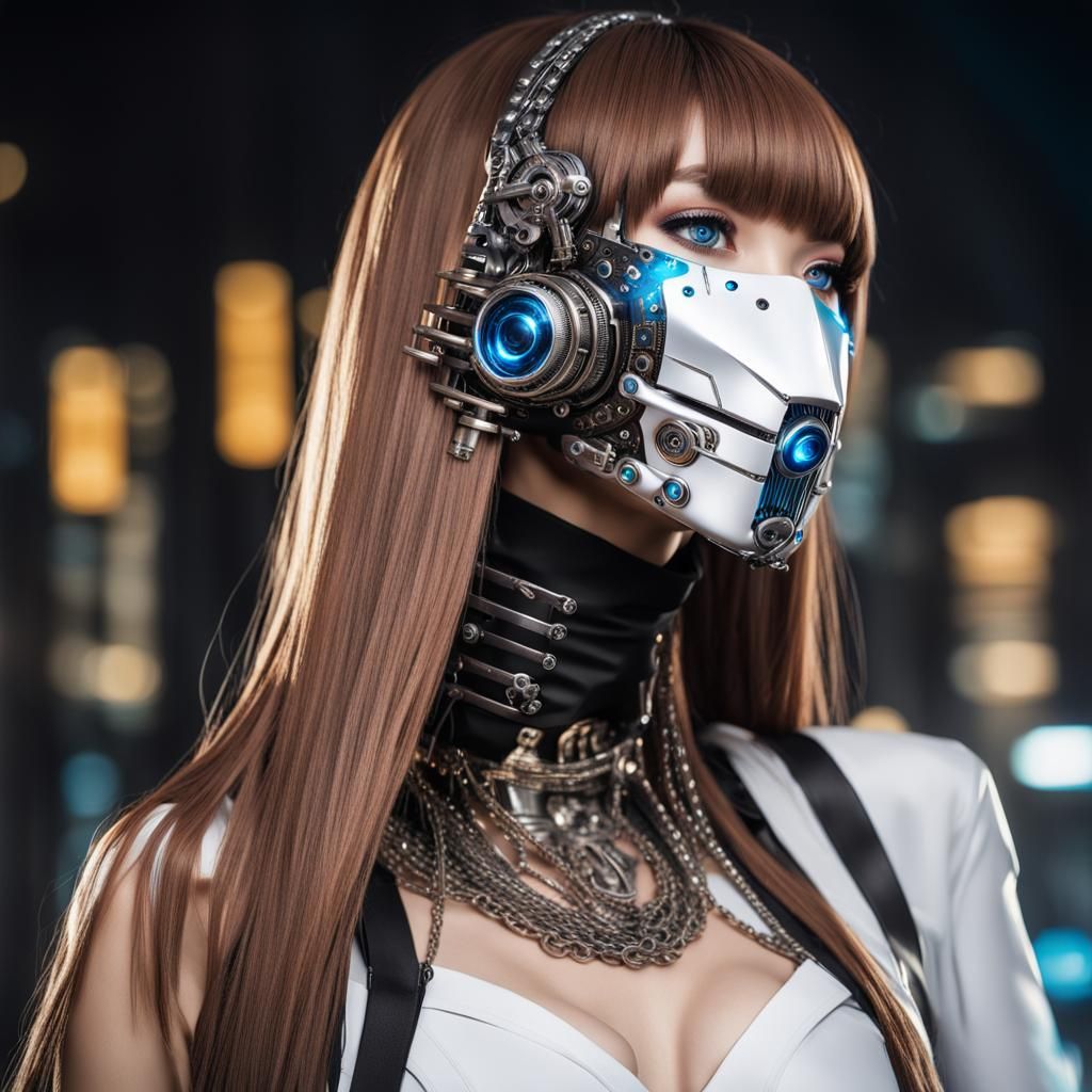 A mysterious and elegant beautiful young japan wearing a mec...