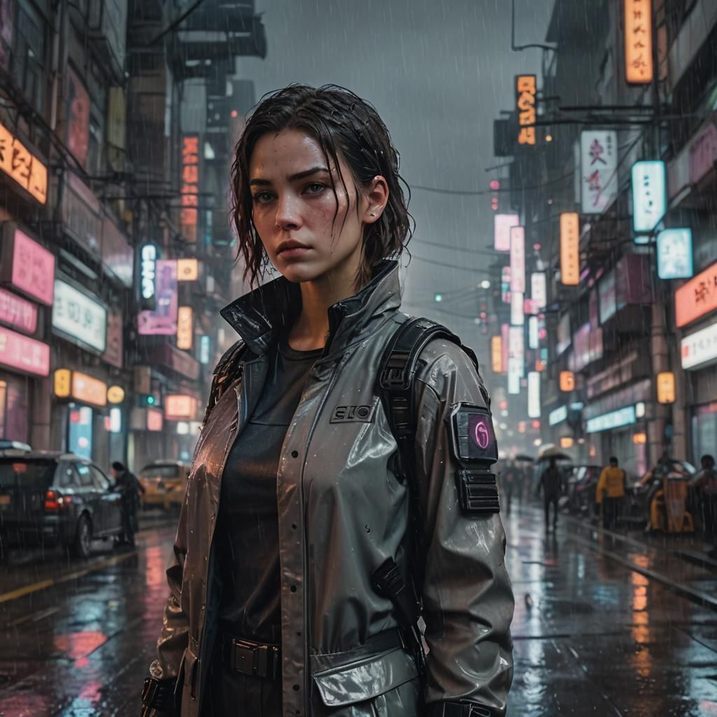 Medium shot of a female sci-fi protagonist in a cyberpunk ci...