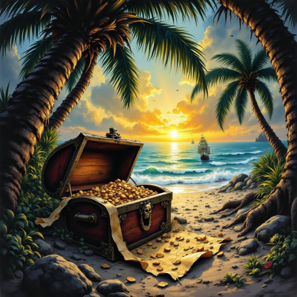 <lora:Davy Jones Locker:1.0> a grainy pirate map, in the style of Davy Jones Locker curled up on the corner, sitting on top of a treasure ch...