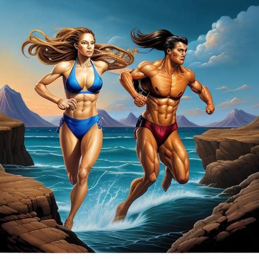 Bikini Athletes with Male Coach in Comic Book Art