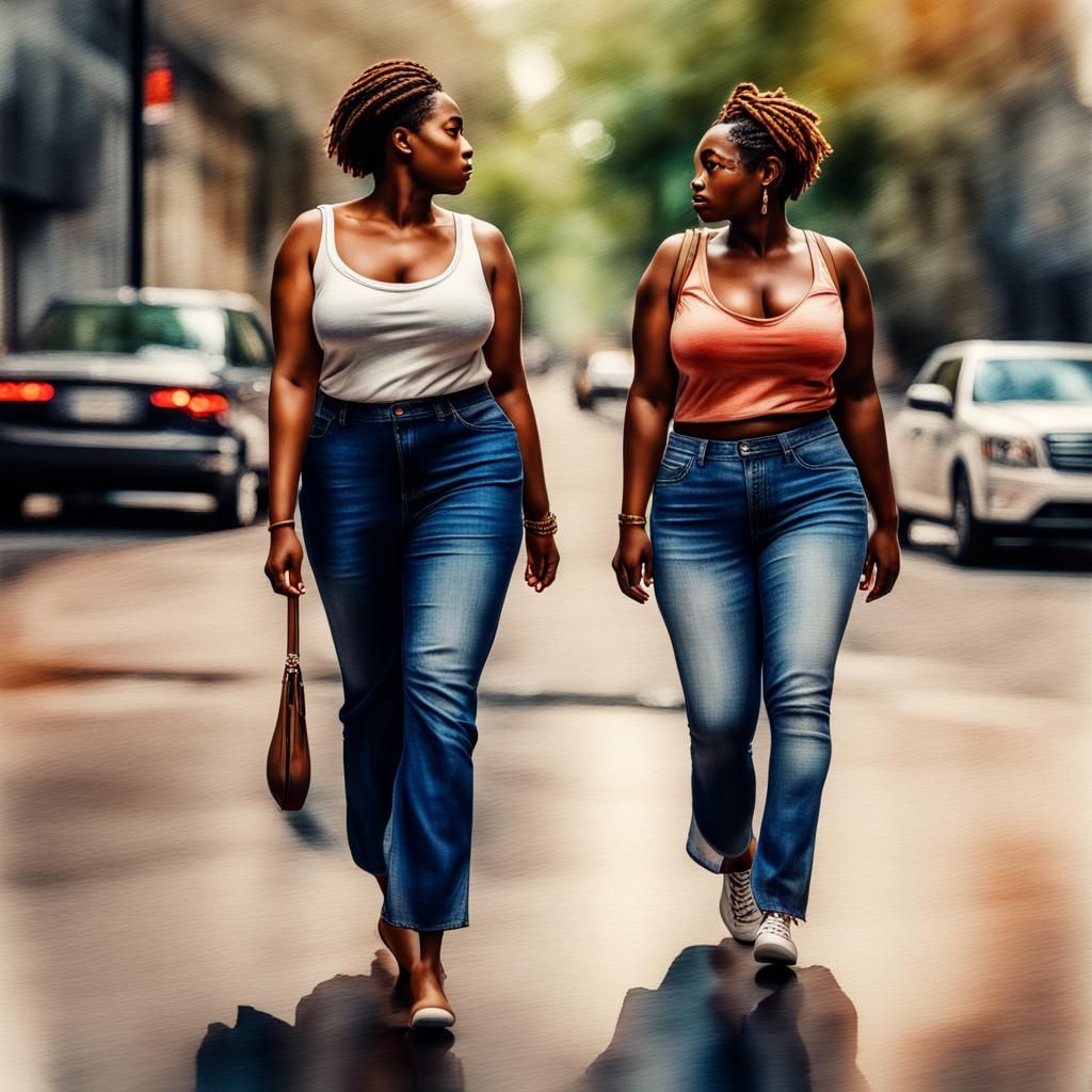 Painterly watercolor curvy lesbians of color walking