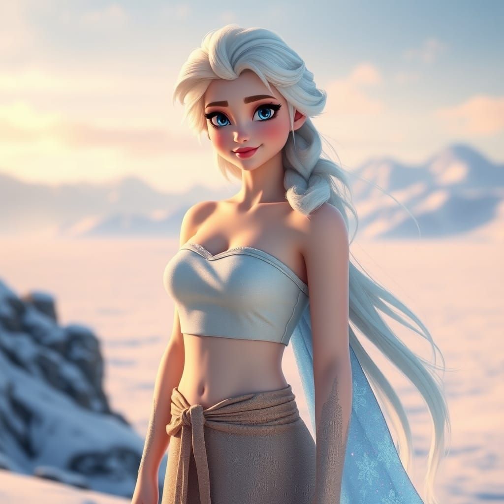 Elsa in Ice Blue Outfit on Snowy Plain