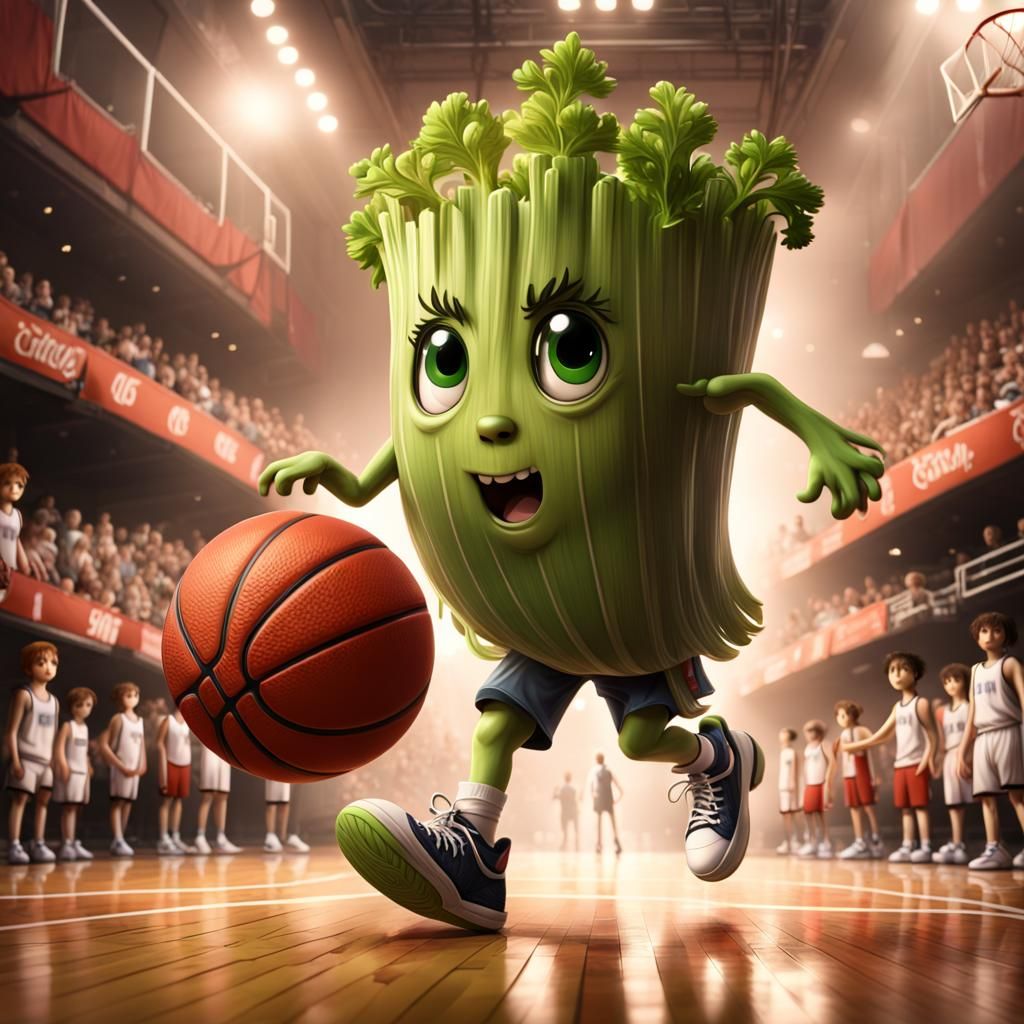 Chibi celery playing basketball on the court  by @Mike 