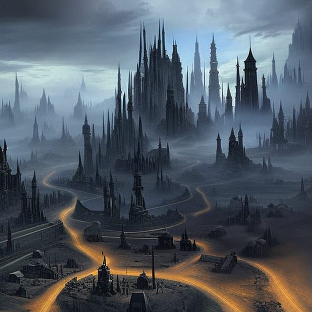 A fantastical landscape creepy painting of a city, featuring a dark and twisted version of a bustling metropolis. The city is overrun by twi...