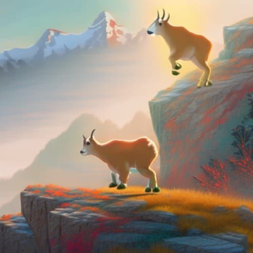 frolicking mountain goats, Beautiful misty mountain landscap...