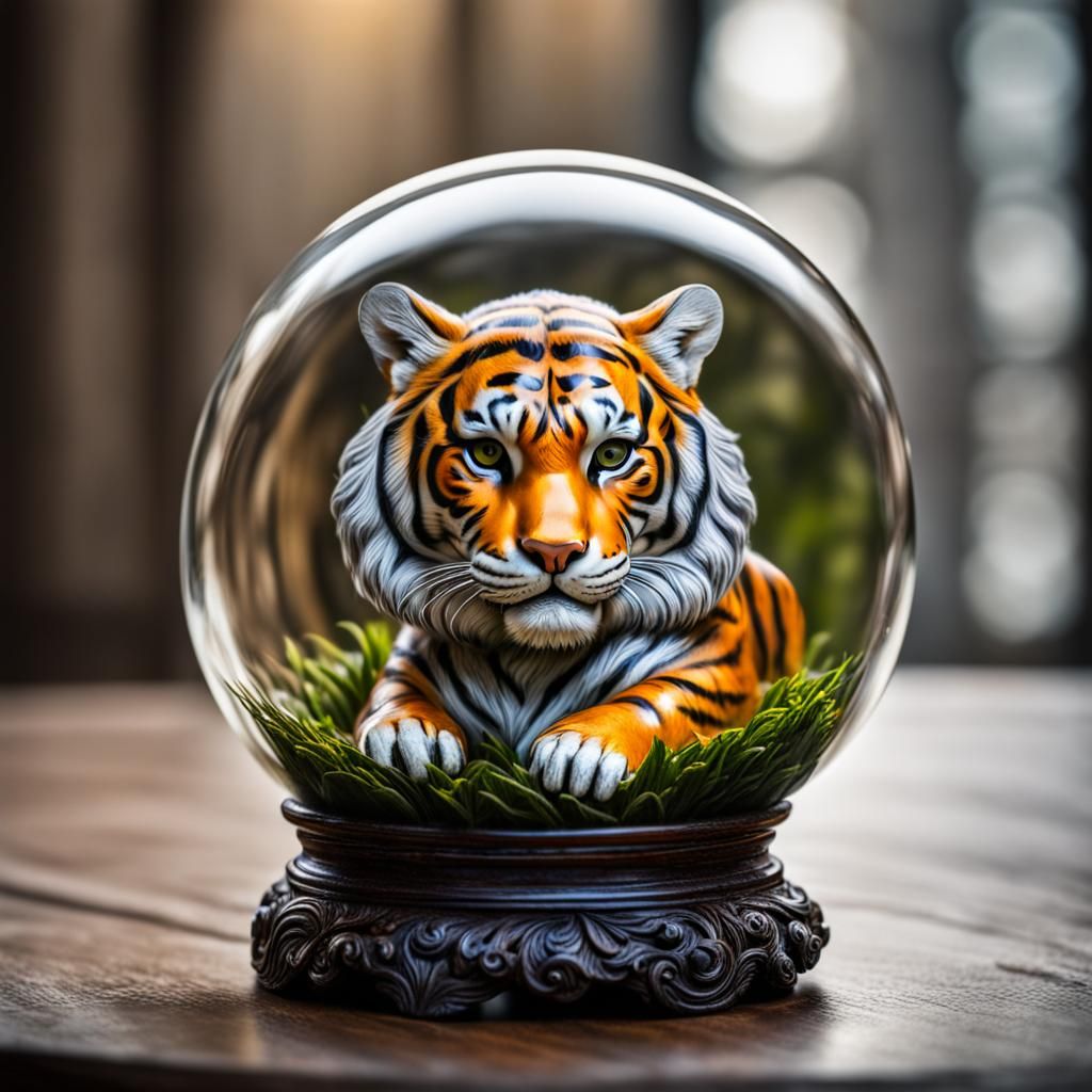 a tiger figurine in a glass ball