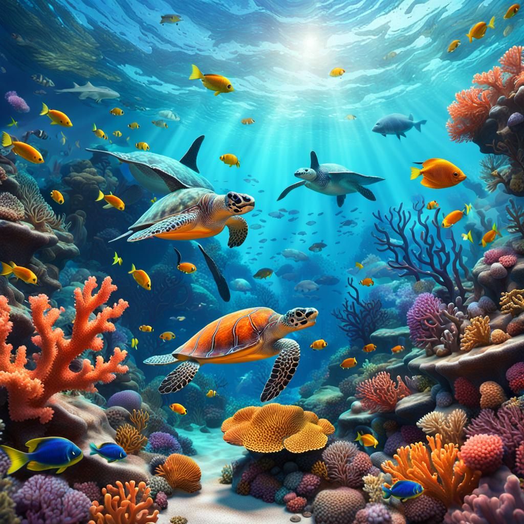 Photo of an underwater scene teeming with colorful corals, c...