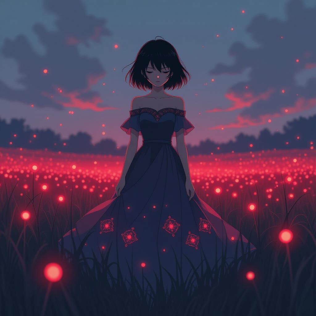 Melancholic Anime Girl in Glowing Field