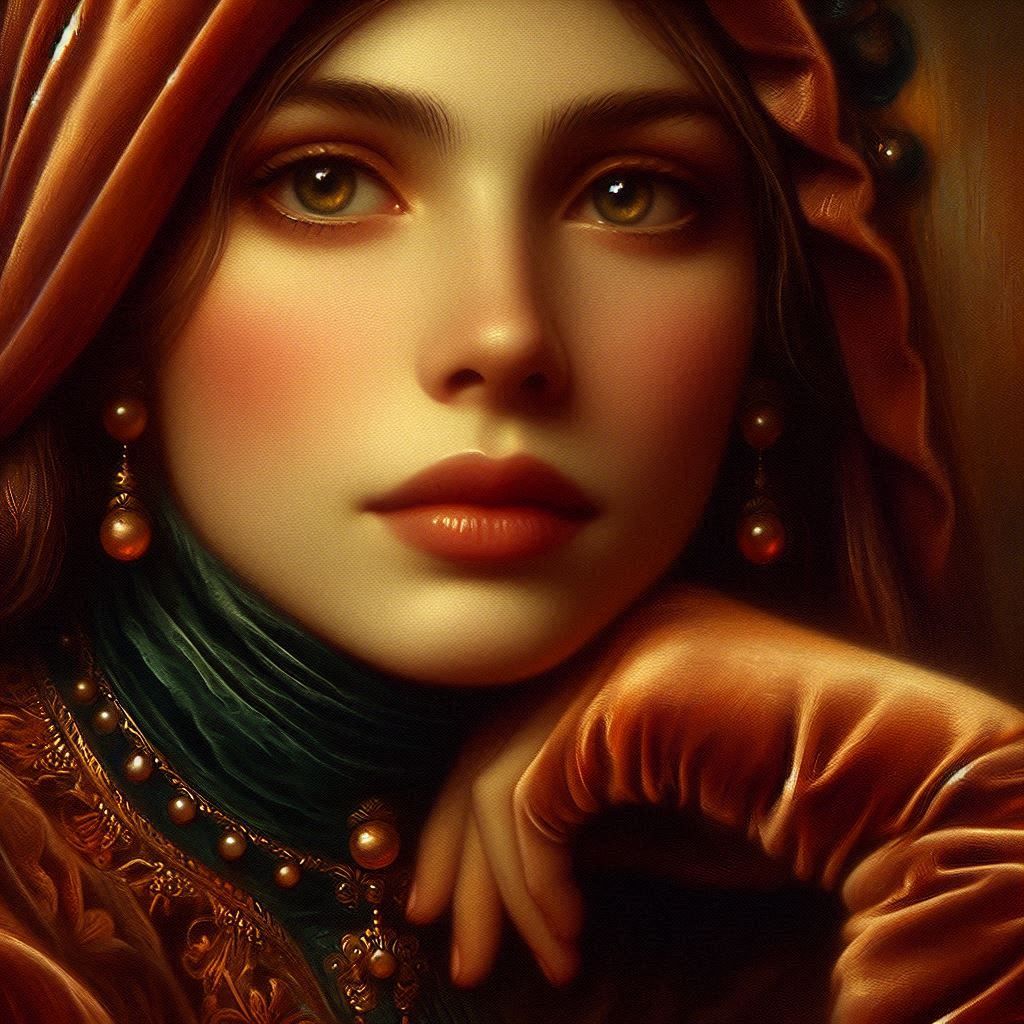 beautiful demure women with rich plush velvet clothing.  syn...