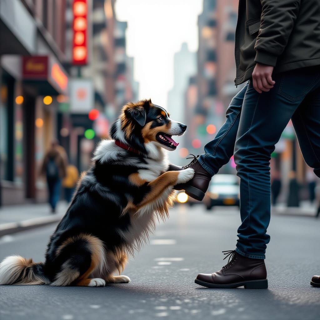 Dog Bites Leg in Urban Environment with Dramatic Lighting