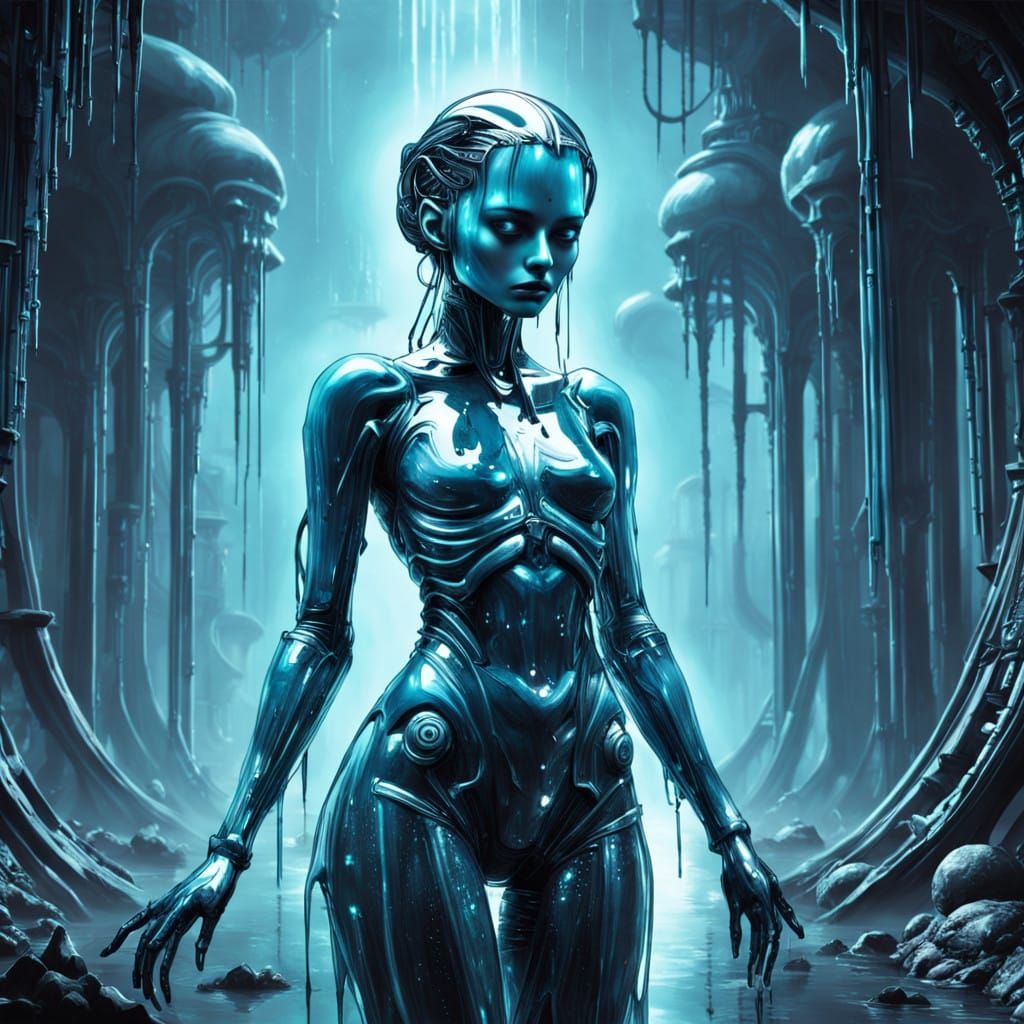 Glowing Blue Slime Girl in Dreamlike Biomechanical Landscape