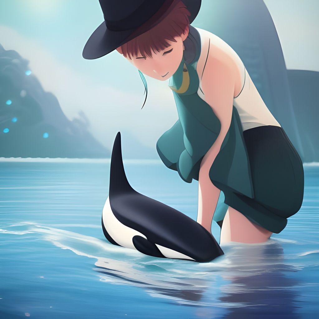 Girl Petting Orca - Anime Style - AI Generated Artwork - NightCafe Creator