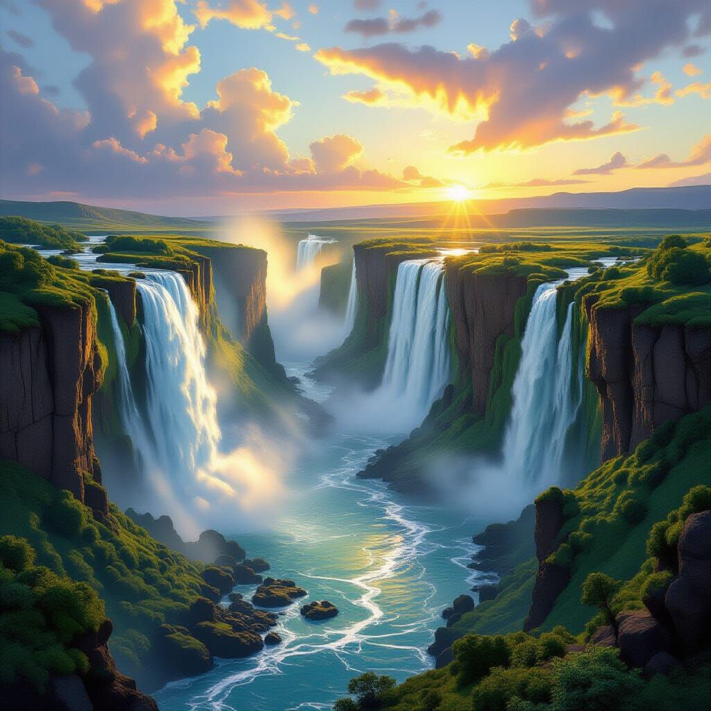 Majestic Waterfalls at Sunset in Hyperrealistic Style