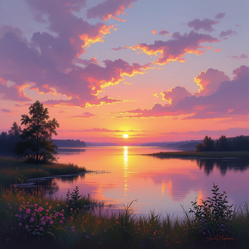 Sunrise and Sunset Merged in Romantic Landscape