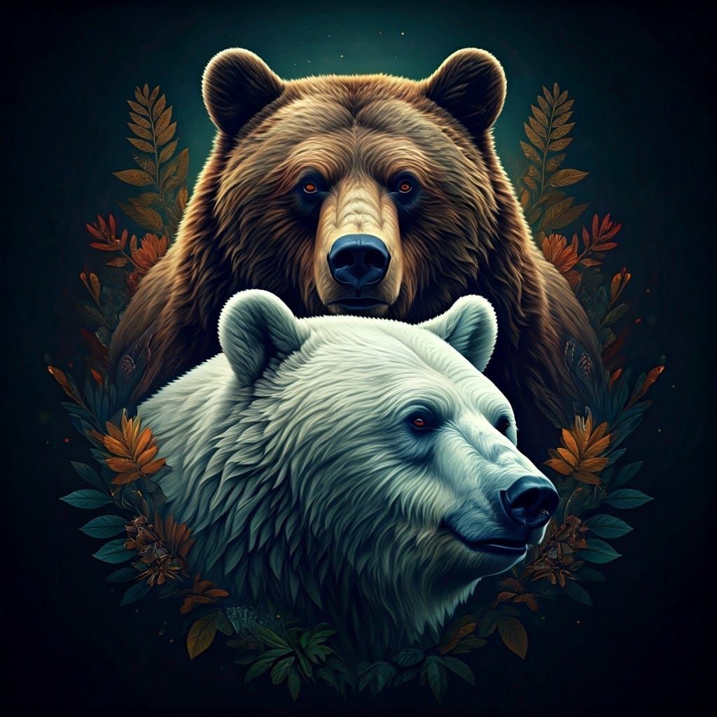 Surreal Bear Triple Portrait in Oil Painting Style
