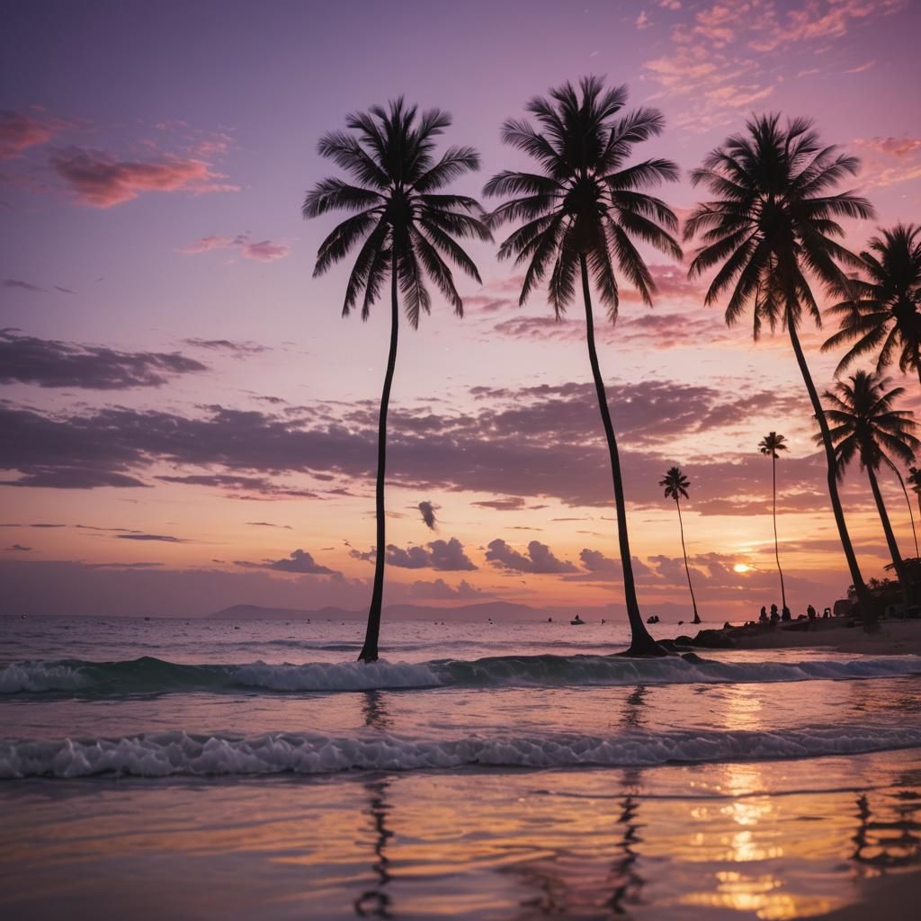 beach with purple and pink red yellow orange sunset with  sw...