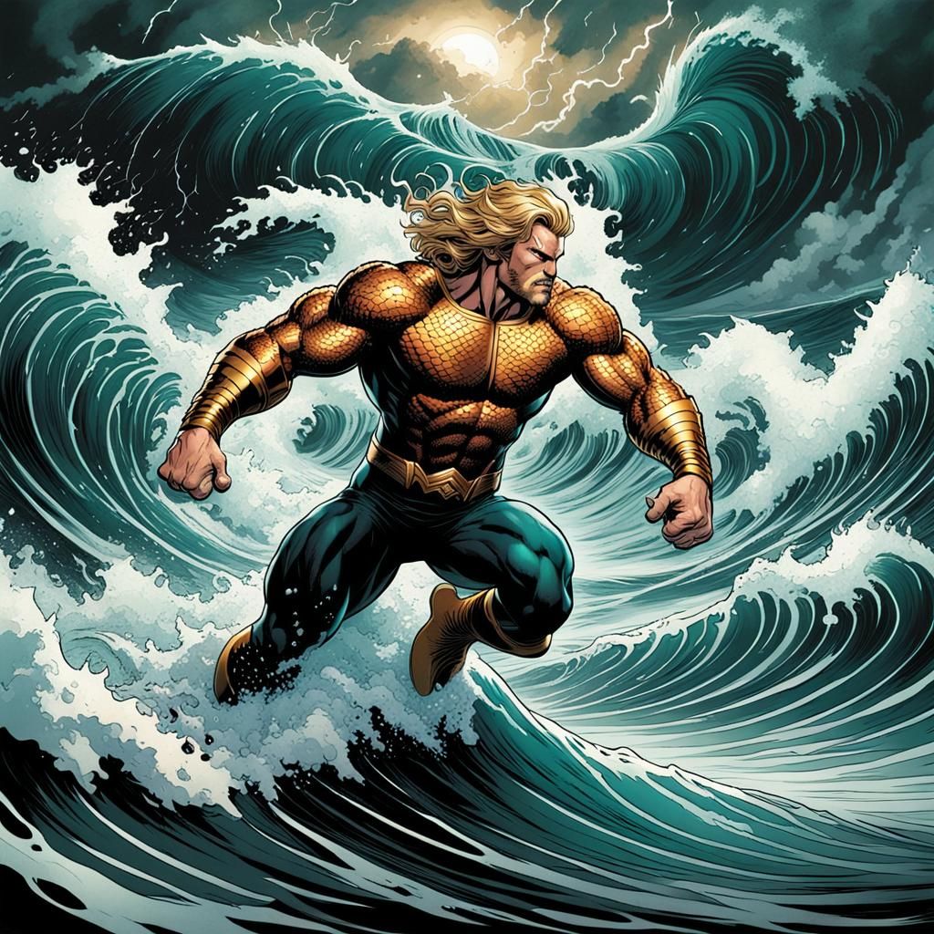 Aquaman amidst large waves and a storm - AI Generated Artwork ...