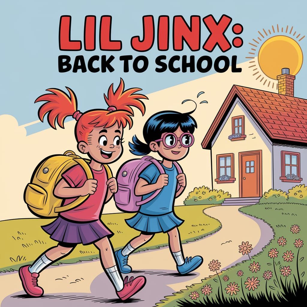 An innocent kid-friendly comic book panel in the style of Archie Comics featuring Lil Jinx, a redheaded pigtailed elementary school girl che...