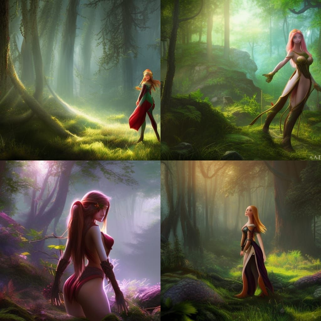 Beautiful elf girl in a sunny clearing in the forest