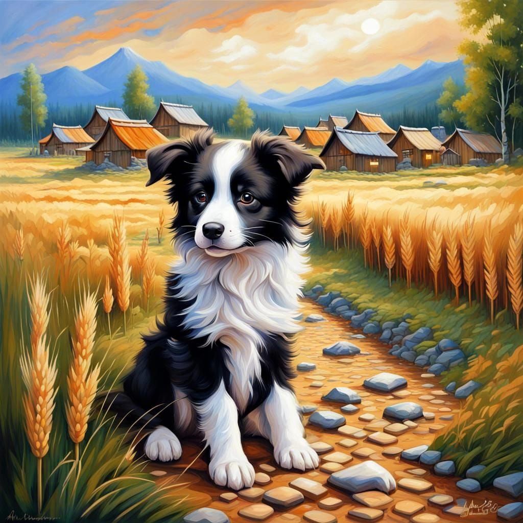 Border Collie  wheat field village