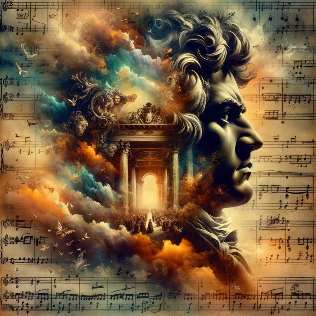 surreal Baroque dreamscape inside the silhouette of Beethovens head; double exposure photographic painting, ...  by @HarrietM