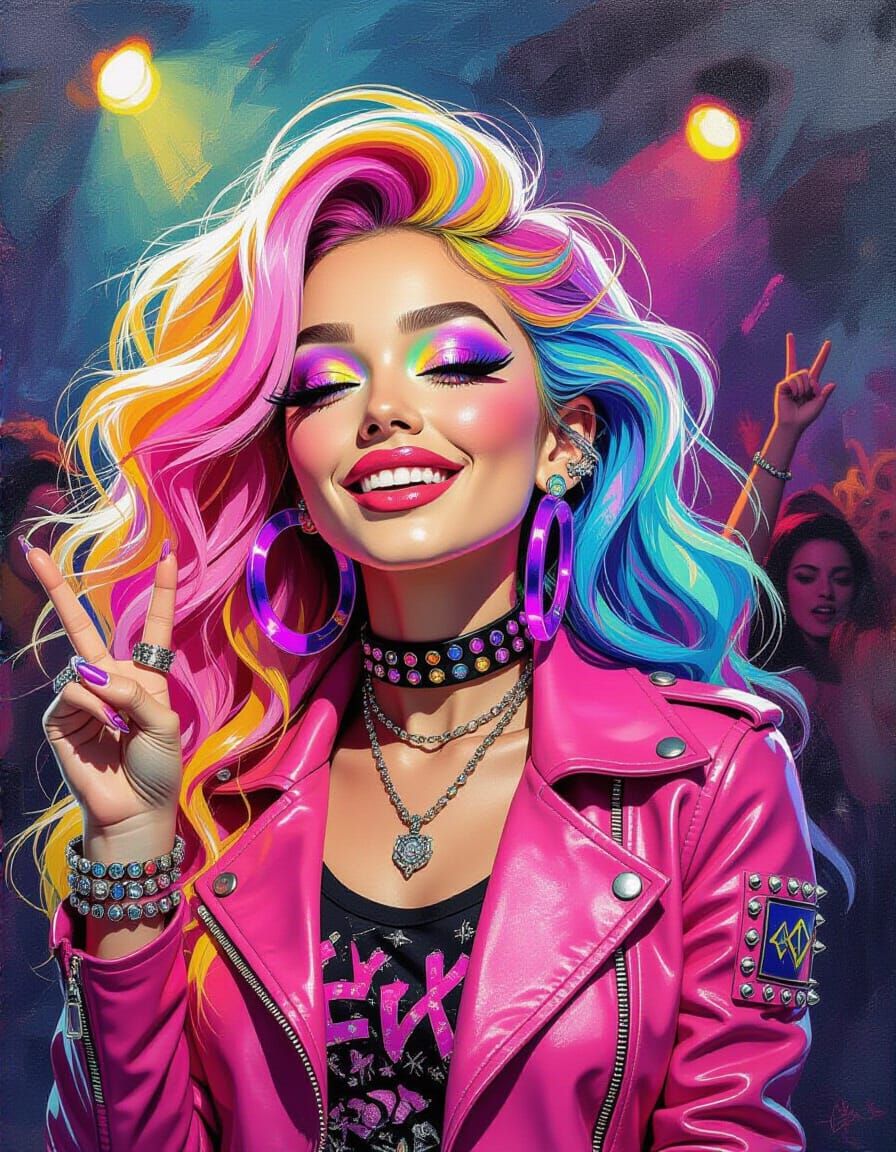 Post impressionistic textured brush stroke Stylized portrait of an emo sasy fun rock and roll girl she has Florescent pastel rainbow colorfu...