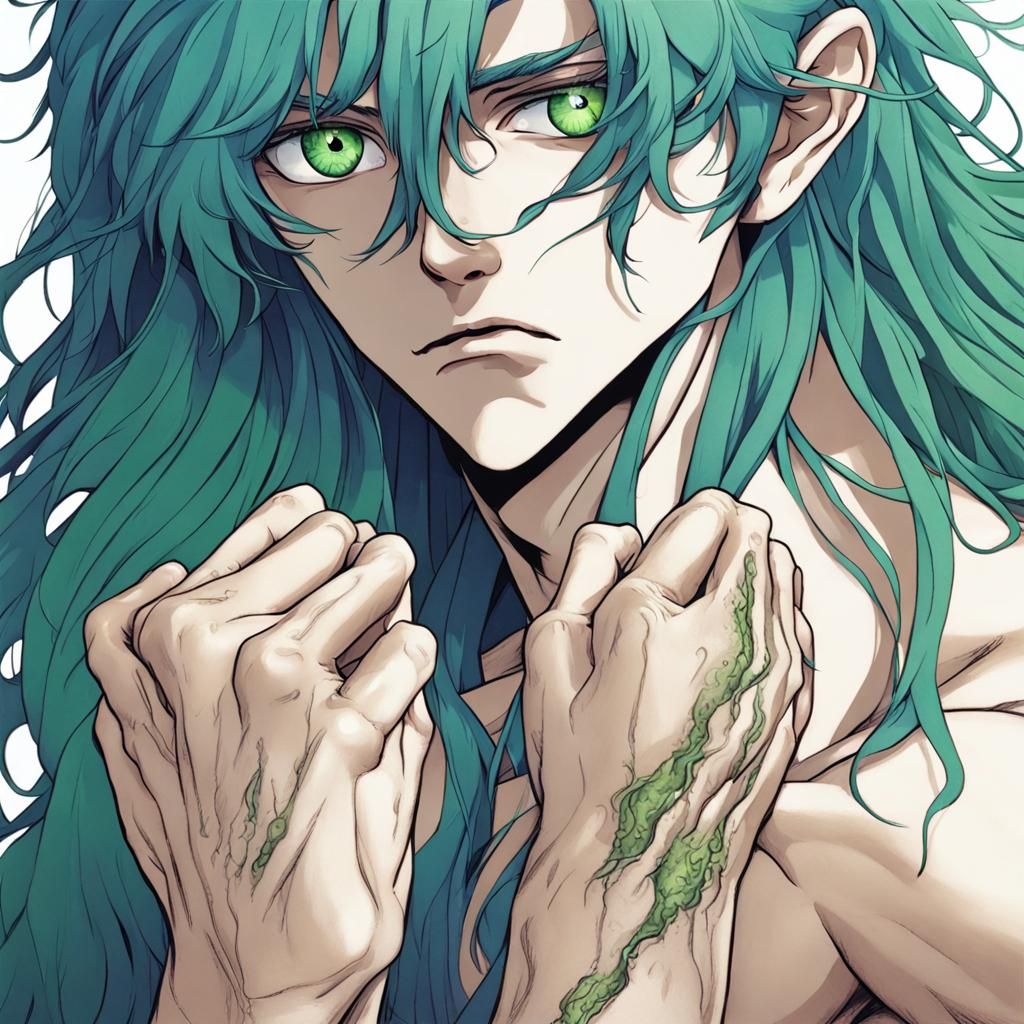 a beautiful long blue haired man with green eyes holding out...