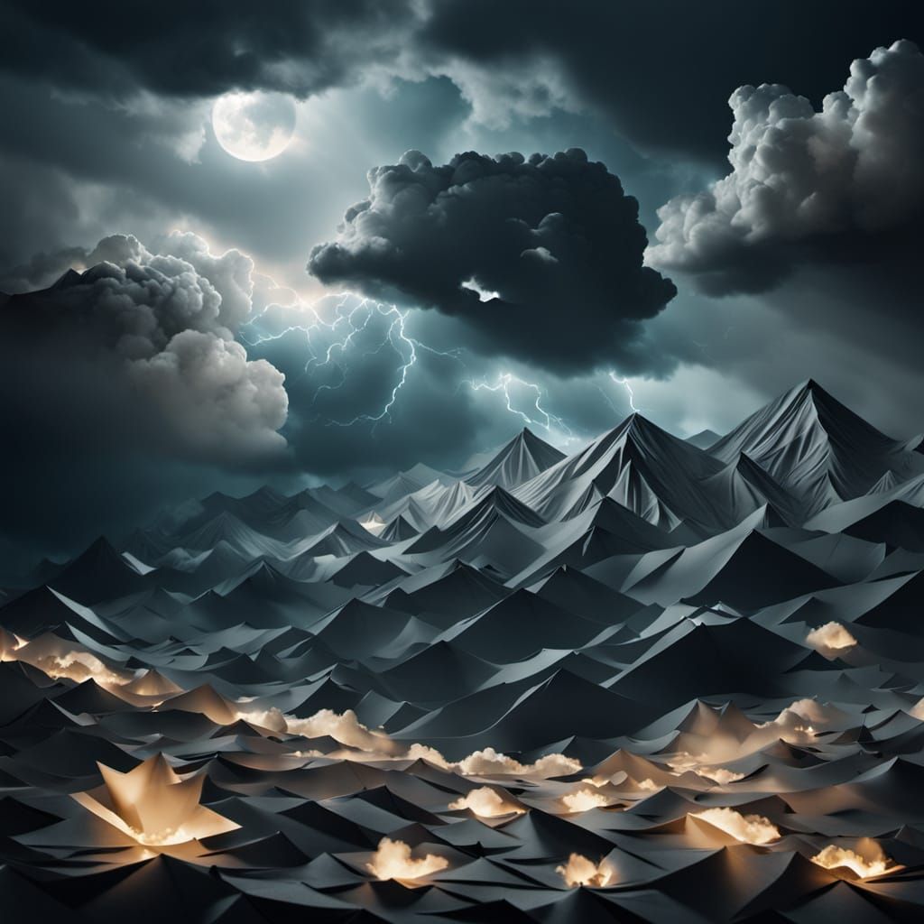 Stormy Origami Landscape Illuminated by Breaking Light
