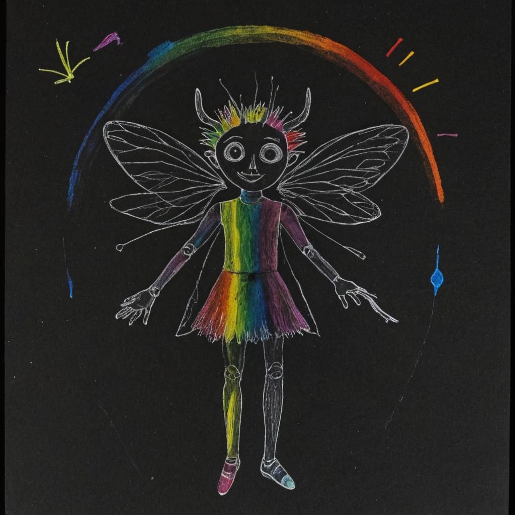 Kids Crayon drawings ,surreal  friendly demon , child's draw...