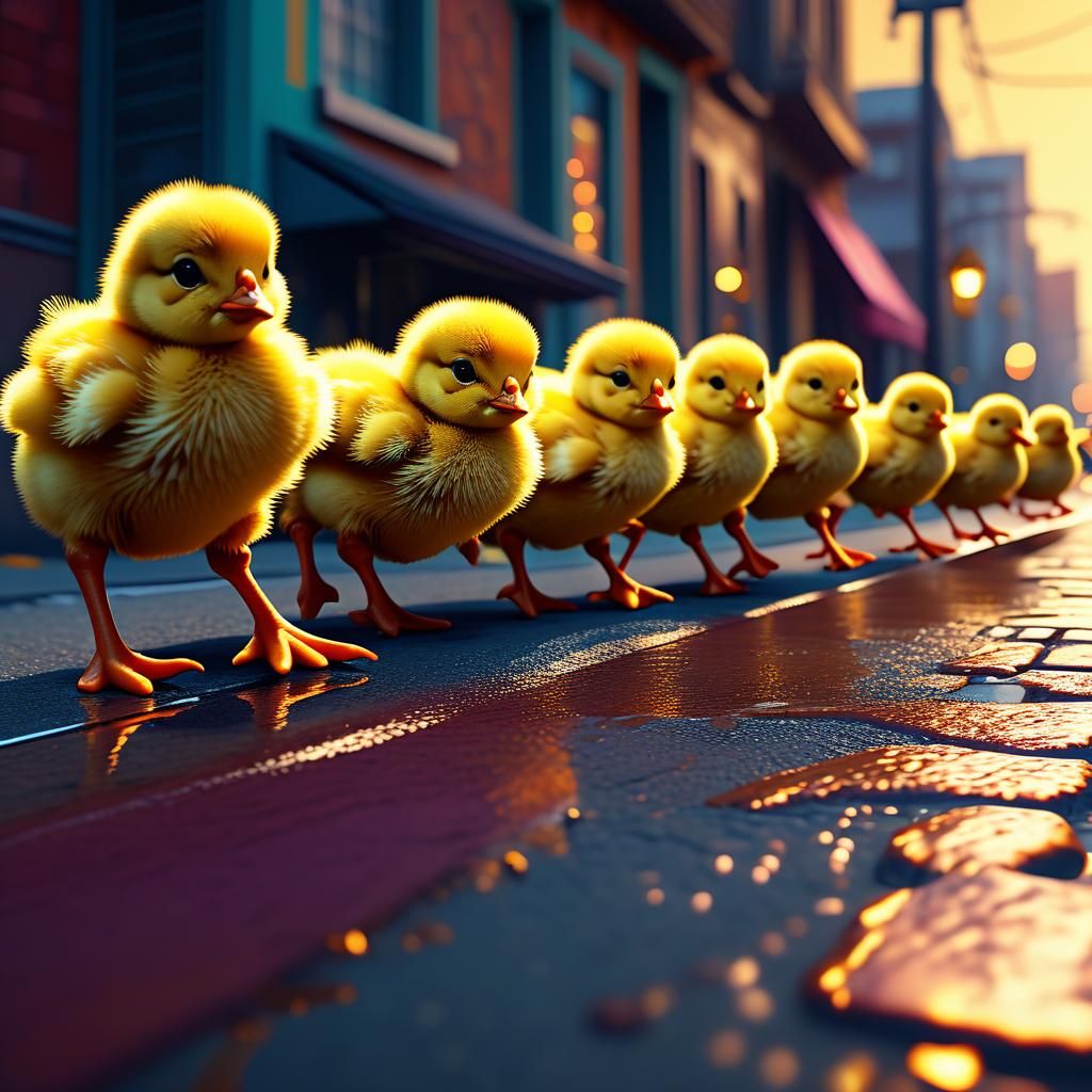Vibrant Fantasy Chicks on a Whimsical Street Adventure