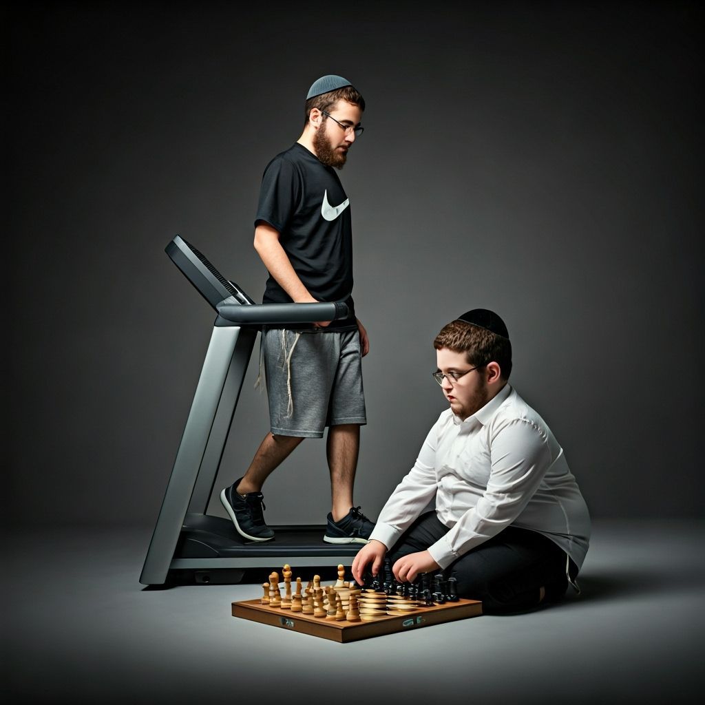 Haredi Brothers Exercising and Playing Chess