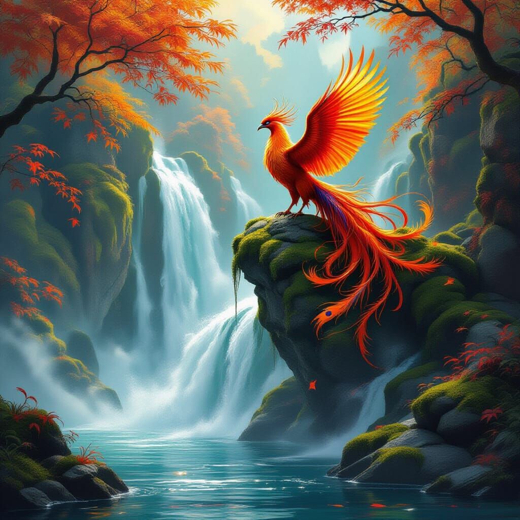 Majestic Phoenix Above Waterfall in Autumn Colors