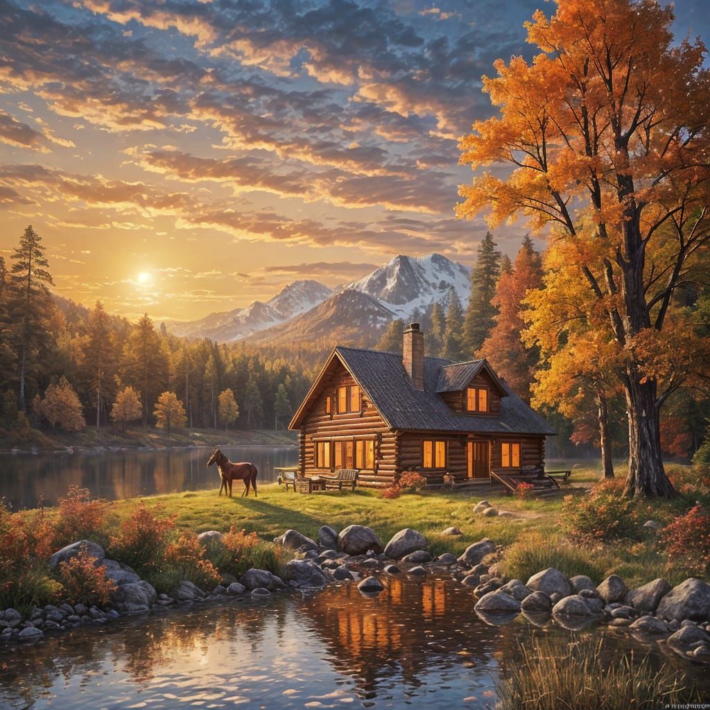 Cozy log cabin by a lake at sunset, glowing windows, horse nearby, autumn trees in orange and red, misty reflections on calm water, dramatic...