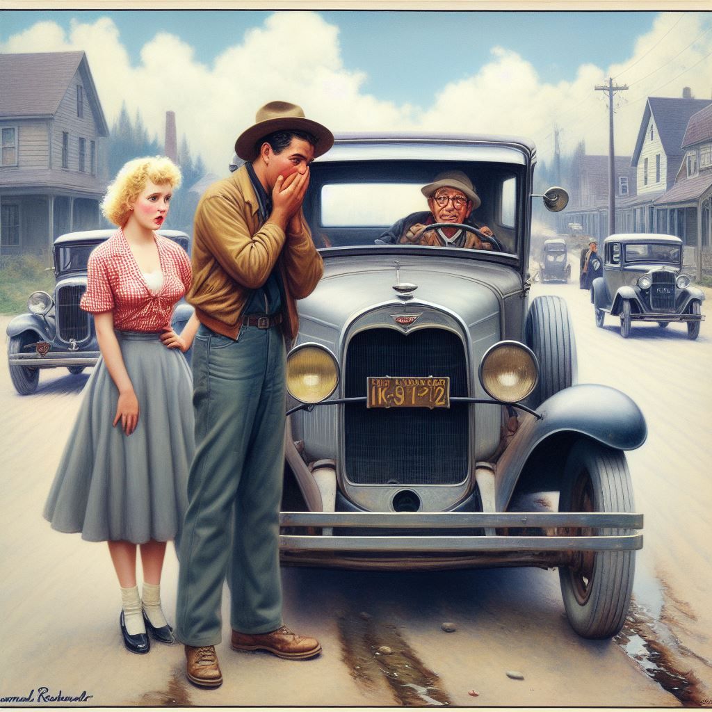 old jalopy stops in the road, boyfriend looks embarrassed, girlfriend looks concerned, Norman Rockwell